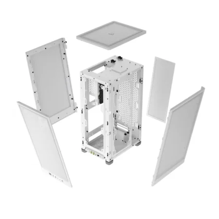 Bare chassis of the CORSAIR 2000D AIRFLOW with the exploded view of the panels, showing the interior structure.
