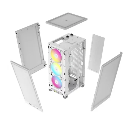 Exploded view of the CORSAIR 2000D RGB AIRFLOW with all panels detached and in mid-air.