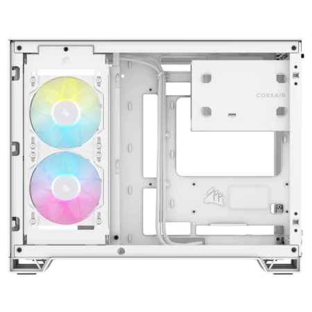 Direct side view of the CORSAIR iCUE LINK 2500X RGB with the cable management panel removed, revealing the dual chamber layout.