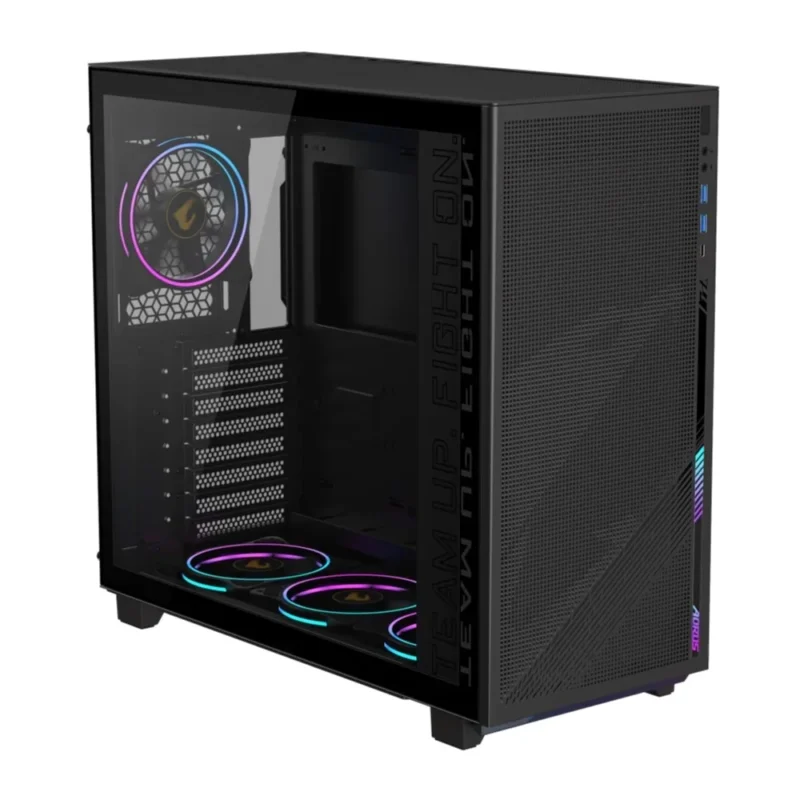 Another front angle view of the GIGABYTE AORUS C400 GLASS in Black, at a sharper angle.