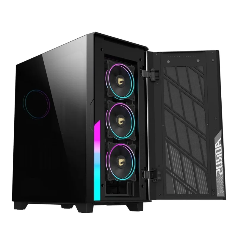 Another front angle view of the GIGABYTE AORUS C500 GLASS in Black, at a sharper angle with front panel open.