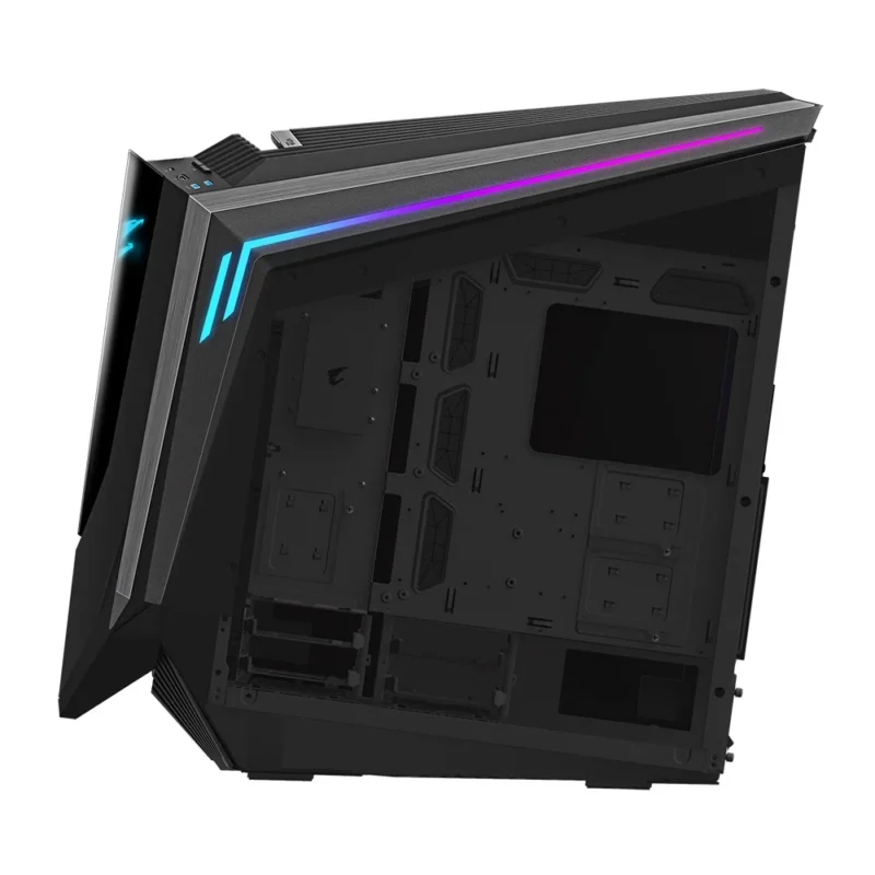 Direct side view of the GIGABYTE AORUS C700 GLASS with the cable management panel removed, revealing the cable routing space.