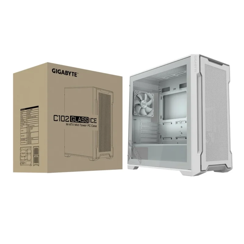 The GIGABYTE C102 GLASS ICE PC case placed next to its retail packaging box.