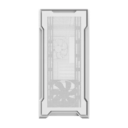 Direct front view of the GIGABYTE C102 GLASS ICE PC case.
