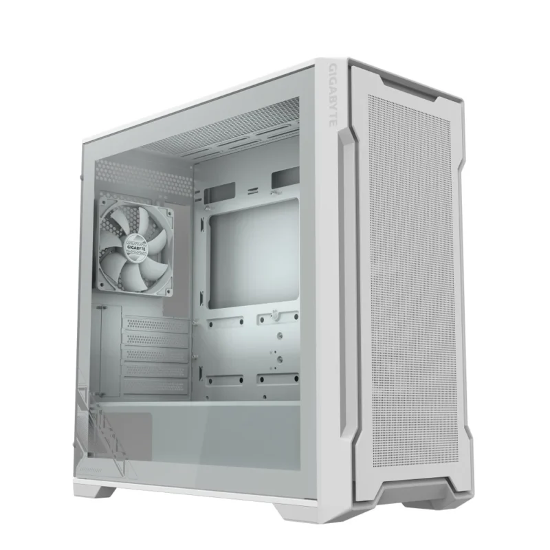 gigabyte-gb-c102gi-white-front-angle A hero shot of the white GIGABYTE C102 GLASS ICE Mid Tower PC Case on a clean background.