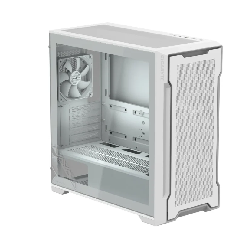 Another front angle view of the GIGABYTE C102 GLASS ICE in White, at a sharper angle.