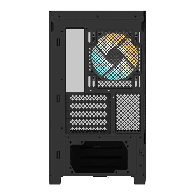 Direct rear view of the GIGABYTE C201 PANORAMIC PC case showing its five expansion slots.