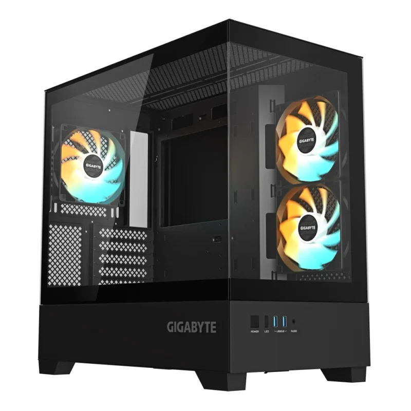 A hero shot of the black GIGABYTE C201 PANORAMIC Mid Tower PC Case on a clean background.