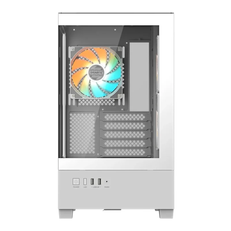 Direct front view of the GIGABYTE C201 PANORAMIC ICE PC case's front glass panel.