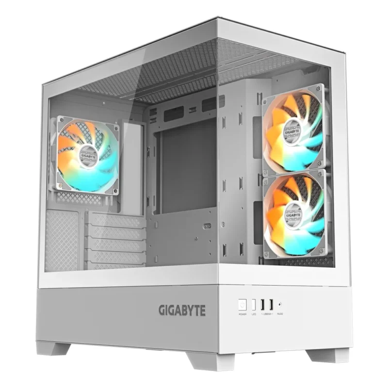 gigabyte-gb-c201pi-white-front-angle A hero shot of the white GIGABYTE C201 PANORAMIC ICE Mid Tower PC Case on a clean background.