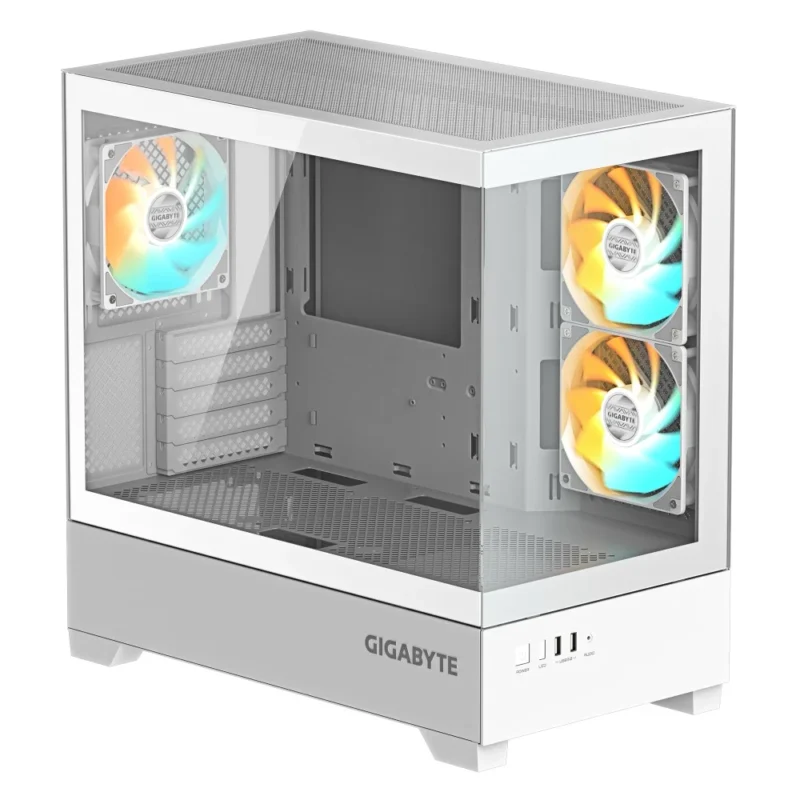 Another front angle view of the GIGABYTE C201 PANORAMIC ICE in White, at a sharper angle.