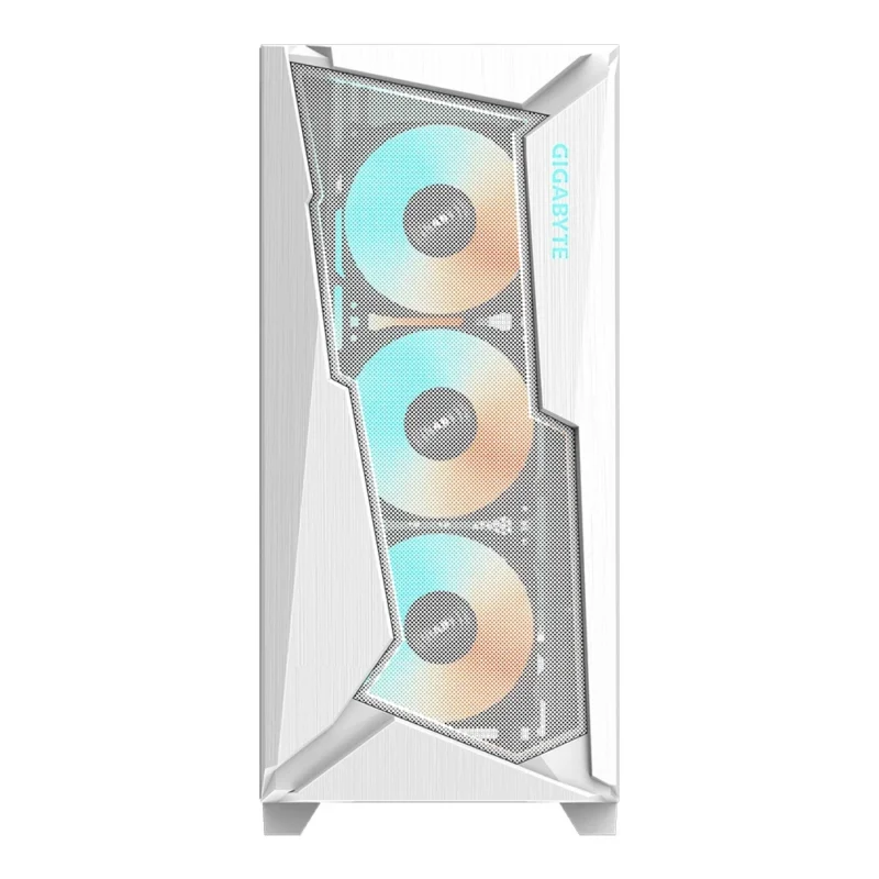 Direct front view of the GIGABYTE C301 GLASS WHITE PC case's high-airflow mesh panel.