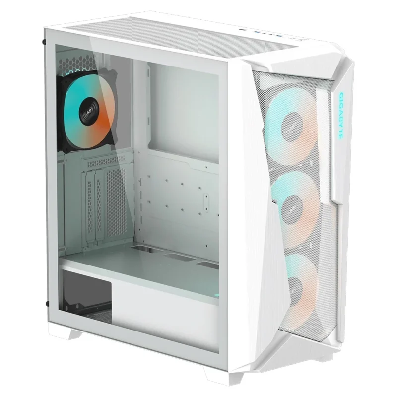 Another front angle view of the GIGABYTE C301 GLASS WHITE in White, at a sharper angle.