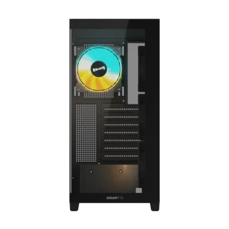 Direct front view of the GIGABYTE C500 PANORAMIC STEALTH PC case's front glass panel.