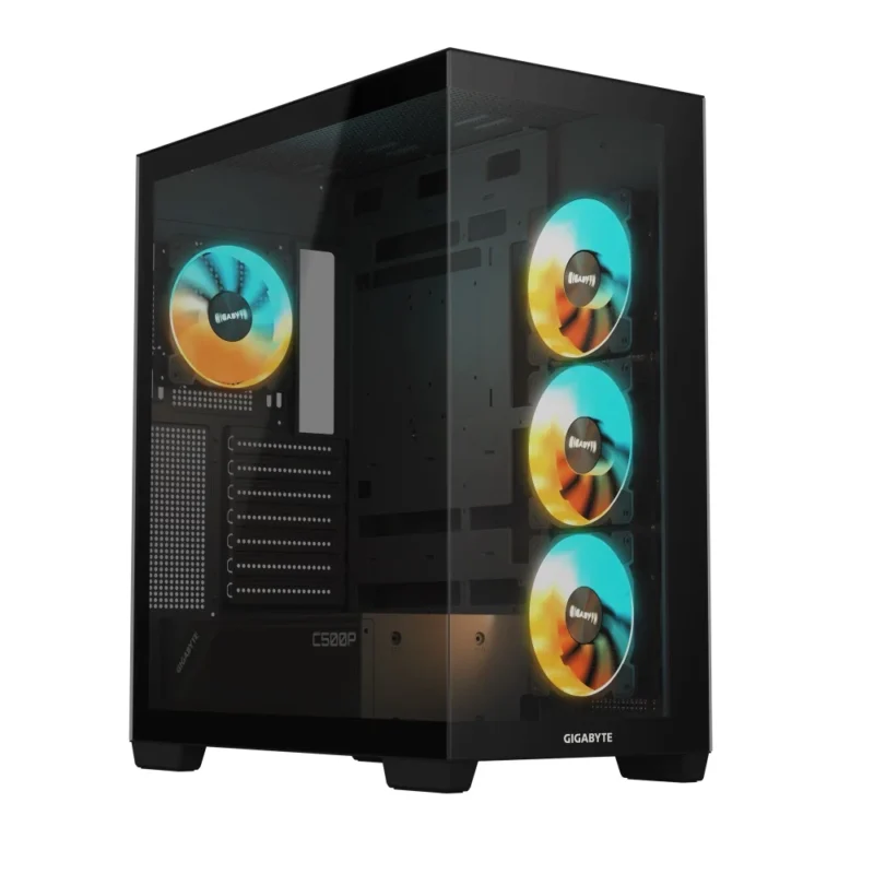 A hero shot of the black GIGABYTE C500 PANORAMIC STEALTH Mid Tower PC Case on a clean background.