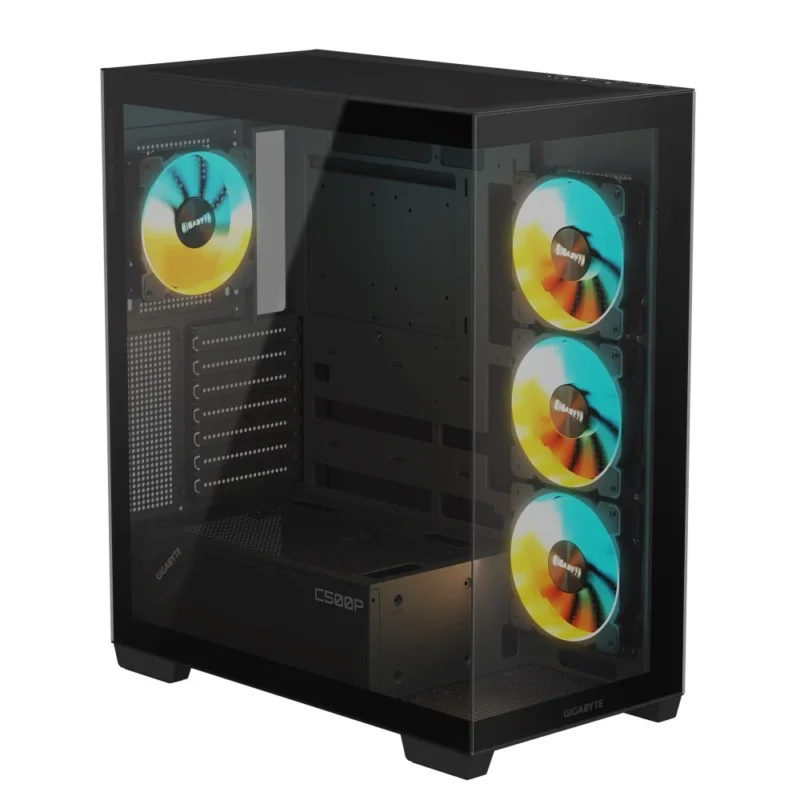 Another front angle view of the GIGABYTE C500 PANORAMIC STEALTH in Black, at a sharper angle.