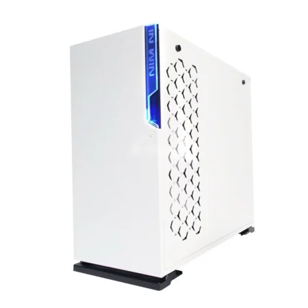 Angled view of the InWin 101 RGB, showing the front panel and the solid cable management side panel.