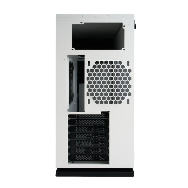 Direct rear view of the InWin 101 RGB PC case showing its expansion slots and top-mounted PSU cutout.