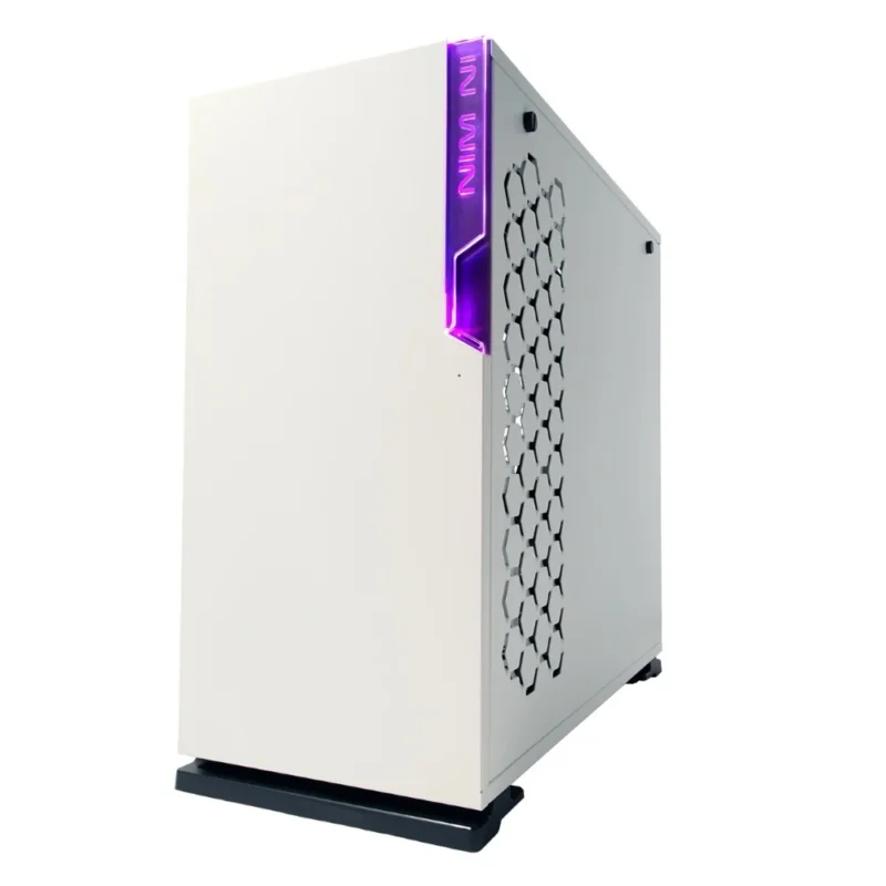 Angled view of the InWin 101C RGB, showing the front panel and the solid cable management side panel.