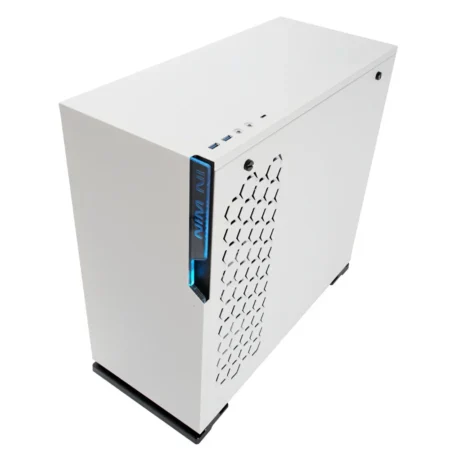 Angled view of the InWin 101C RGB, showing the front panel and the solid cable management side panel and IO Ports.
