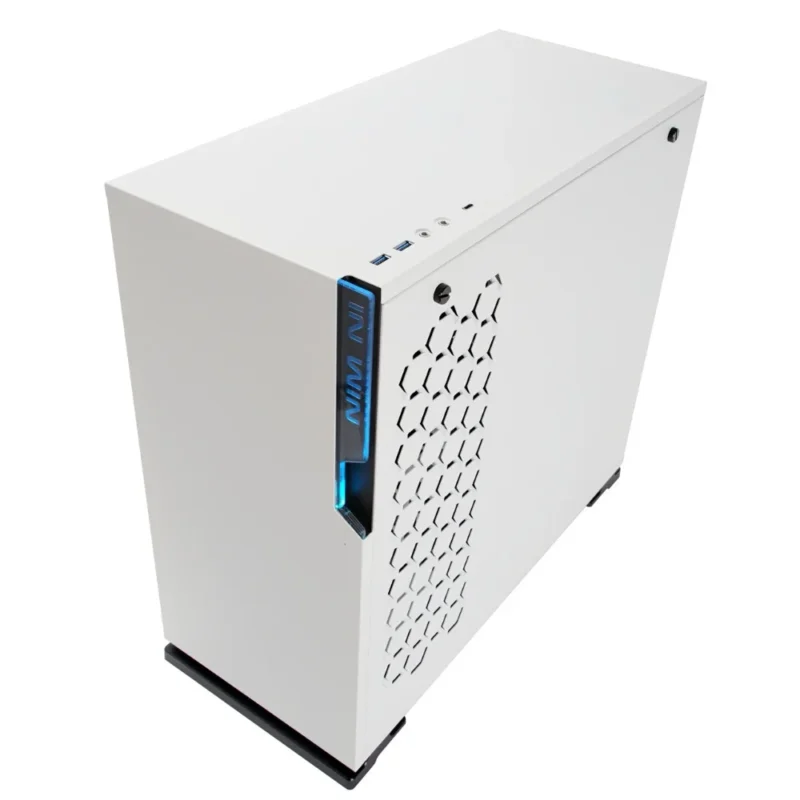 Angled view of the InWin 101C RGB, showing the front panel and the solid cable management side panel and IO Ports.