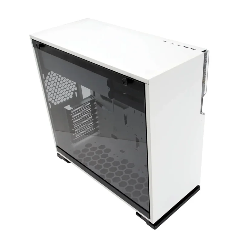 Another front angle view of the InWin 101C RGB in White, at a sharper angle.