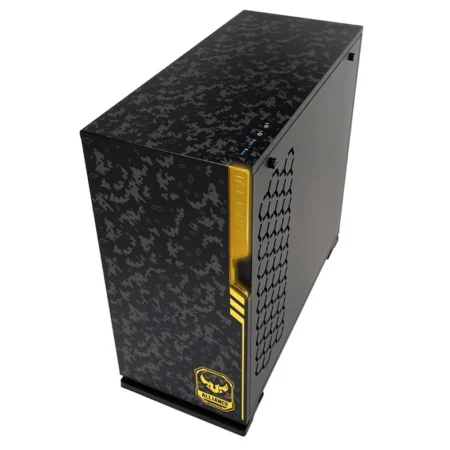 Angled view of the InWin 101 TUF GAMING, showing the front panel and the solid cable management side panel.