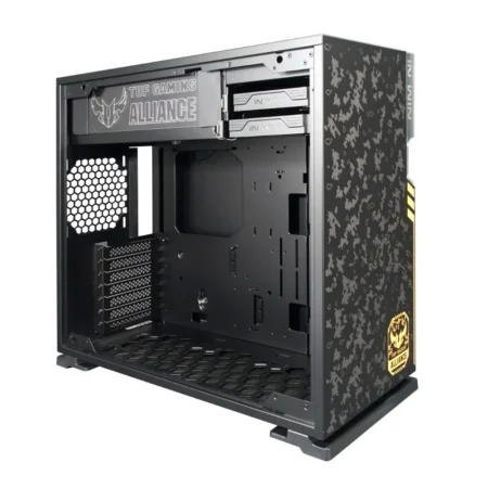 Angled interior view of the InWin 101 TUF GAMING with the side panel removed, showing the exhaust fan and motherboard mounts.