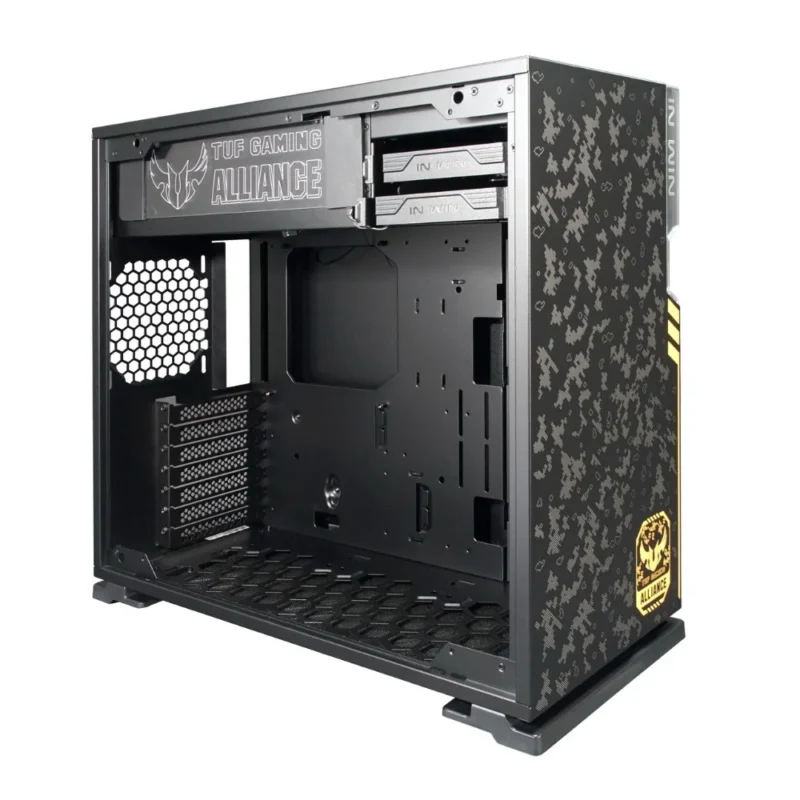 Angled interior view of the InWin 101 TUF GAMING with the side panel removed, showing the exhaust fan and motherboard mounts.