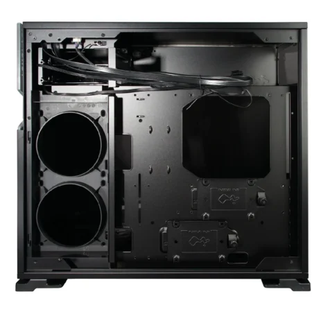 Direct side view of the InWin 101 TUF GAMING with the cable management panel removed, revealing the cable routing space.
