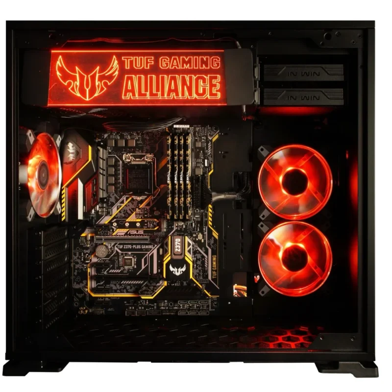 A complete gaming PC build installed inside the InWin 101 TUF GAMING.