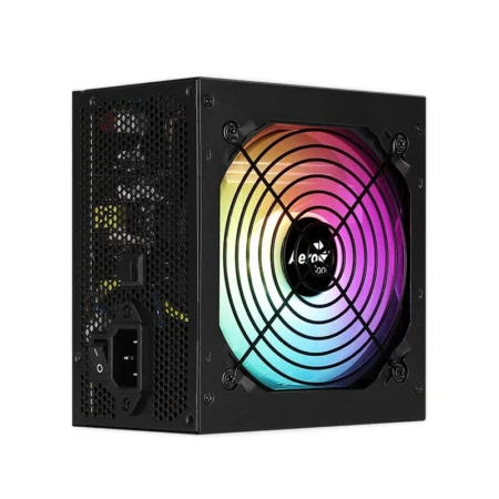 Angled side view of the Aerocool KCAS PLUS GOLD 650W emphasizing its compact ATX dimensions and AC input.