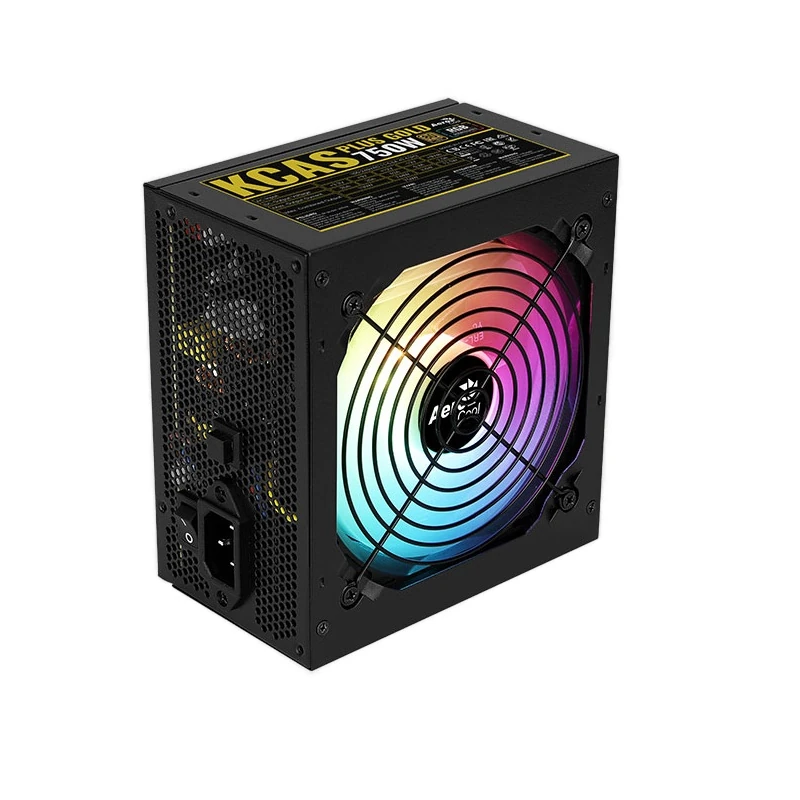 A three-quarter view showing the Aerocool KCAS PLUS GOLD 750W side logo and rear ventilation.