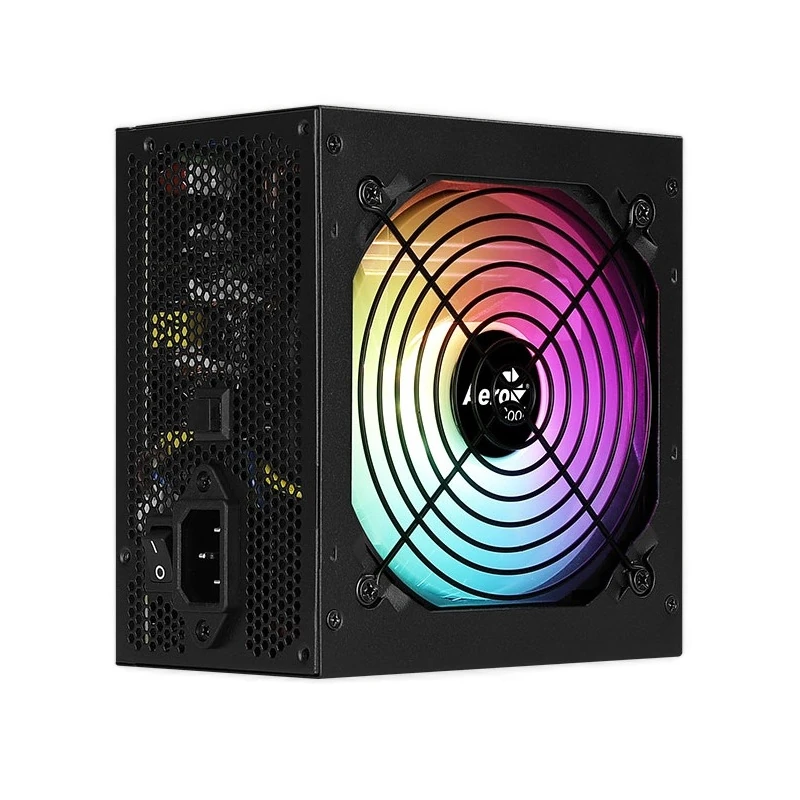 Angled side view of the Aerocool KCAS PLUS GOLD 750W emphasizing its compact ATX dimensions and AC Input.