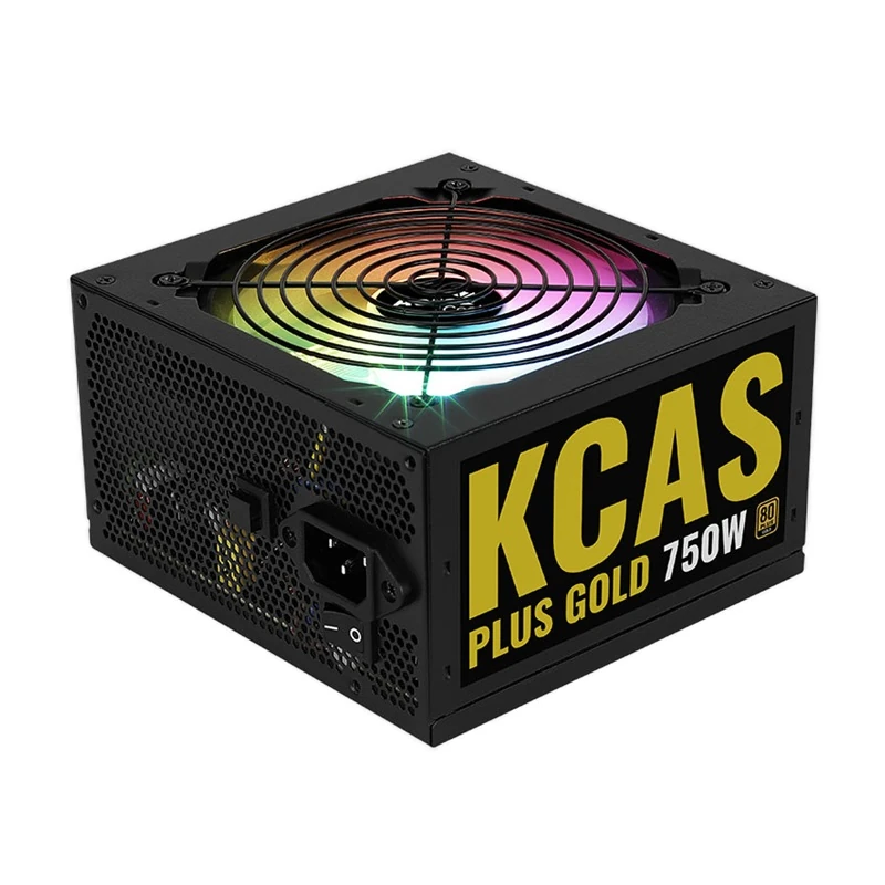 Top-down angle of the Aerocool KCAS PLUS GOLD 750W, highlighting the ARGB fan grille and rear power switch.