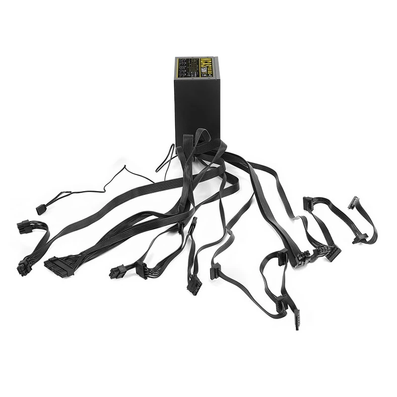 The full view of the attached, non-modular flat cable set for the Aerocool KCAS PLUS GOLD 750W PSU.