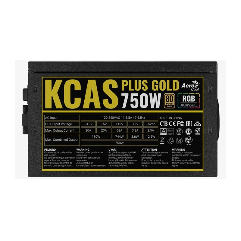 Detailed shot of the Aerocool KCAS PLUS GOLD 750W specification label showing Gold efficiency and power ratings.