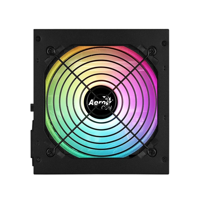 A direct overhead shot of the Aerocool KCAS PLUS GOLD 750W focusing on the 120mm addressable RGB fan.