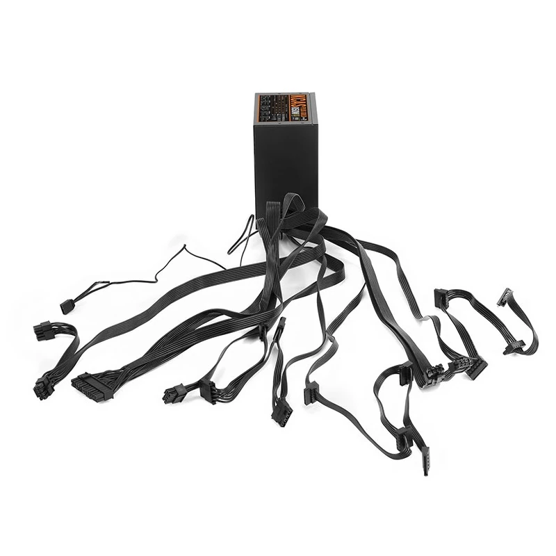 The full view of the attached, non-modular flat cable set for the Aerocool KCAS PLUS GOLD 850W PSU.