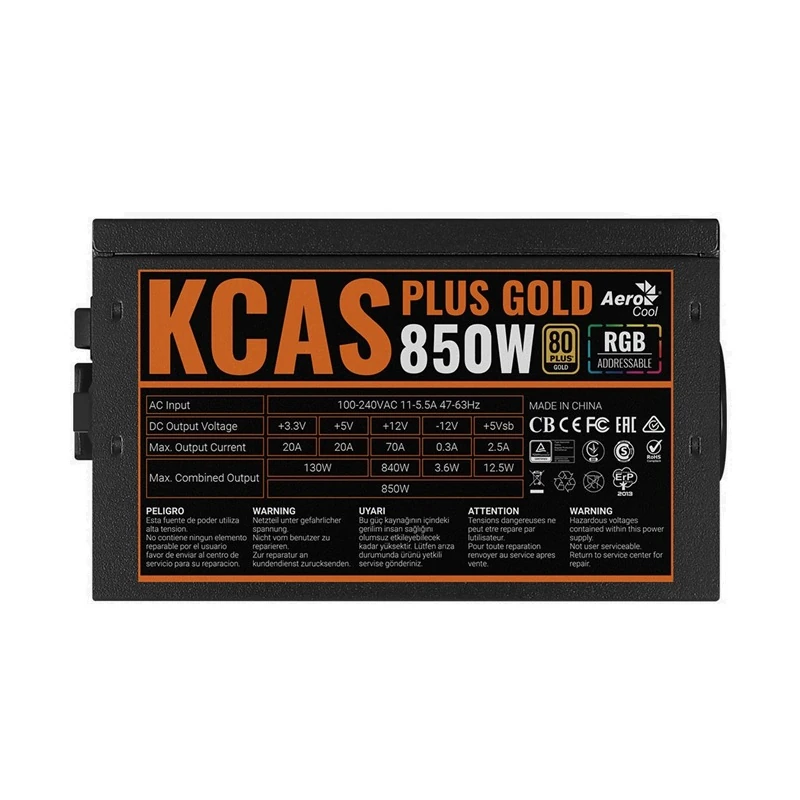 Detailed shot of the Aerocool KCAS PLUS GOLD 850W specification label showing Gold efficiency and power ratings.