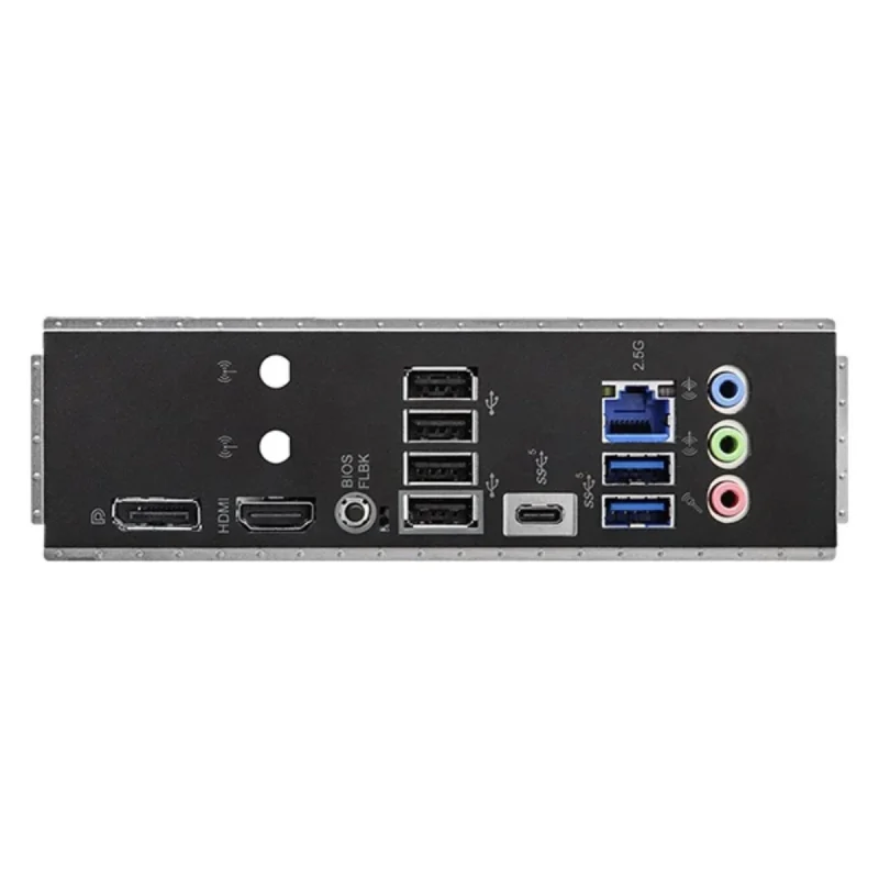 A clear shot of the pre-installed I/O shield on the ASRock B650M-HDV/M.2, showing HDMI, DisplayPort, and 2.5G LAN.