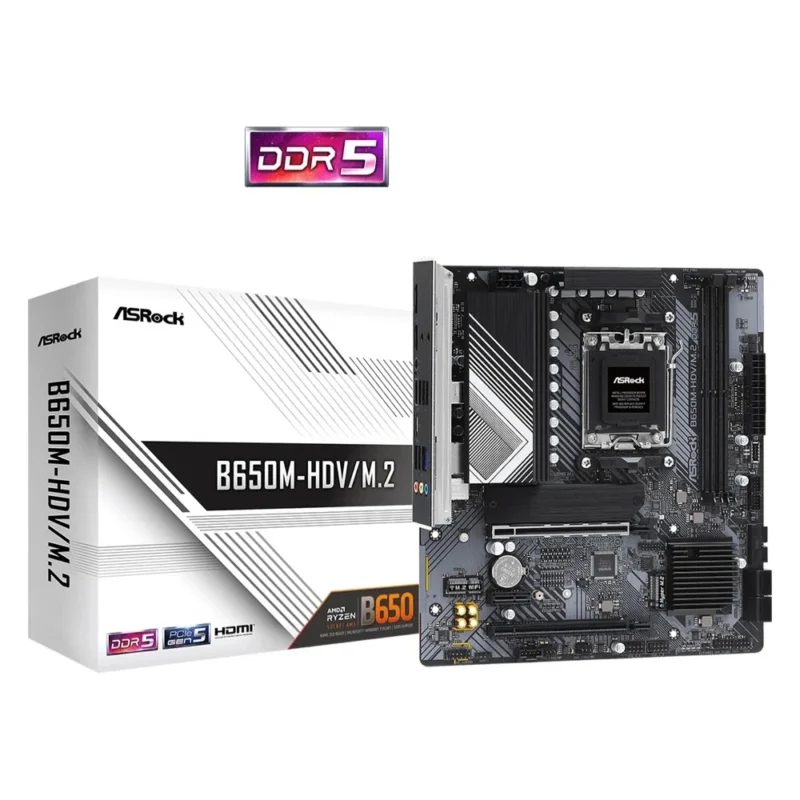 asrock-b650m-hdv-m2-with-box The ASRock B650M-HDV/M.2 motherboard displayed next to its retail box.
