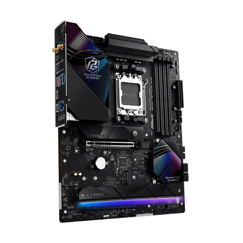 Angled view of the ASRock B850 Riptide WiFi ATX motherboard, showing its large heatsink armor and Phantom Gaming design.