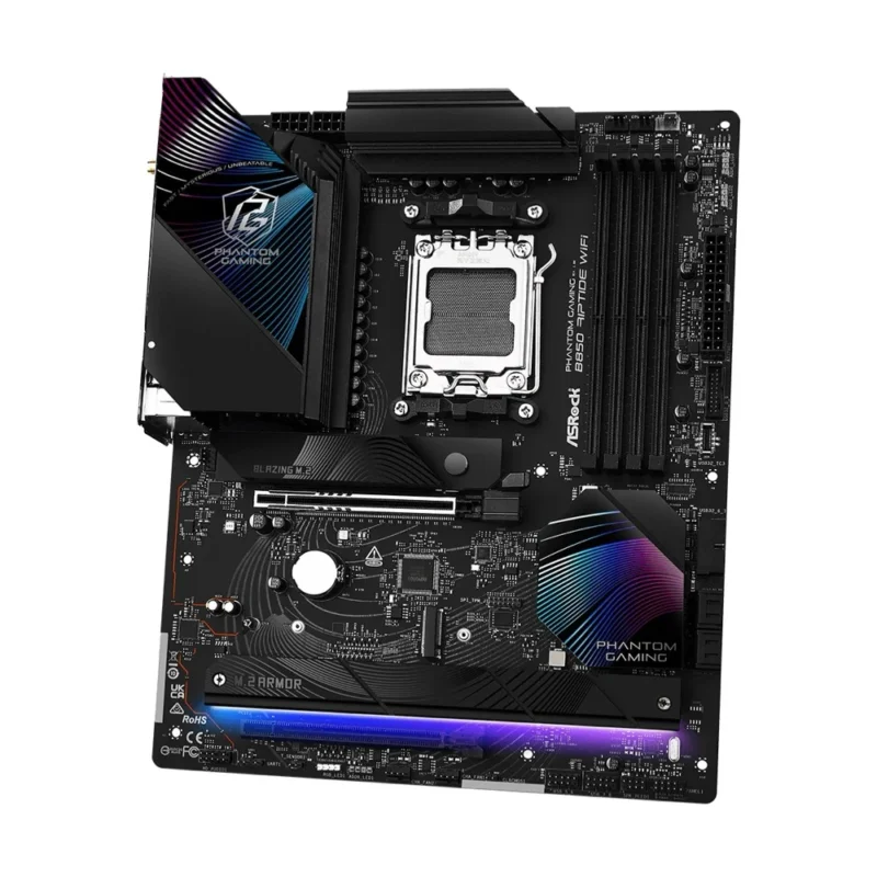 The ASRock B850 Riptide WiFi motherboard with its stylish black and blue Riptide aesthetic, ready for a powerful gaming build.