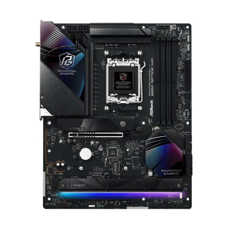 Full layout view of the ASRock B850 Riptide WiFi ATX board, showing all expansion slots and heatsink placements.