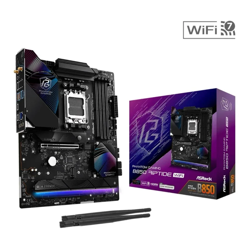 asrock-b850-riptide-wifi-with-box The ASRock B850 Riptide WiFi motherboard displayed next to its Phantom Gaming retail box.