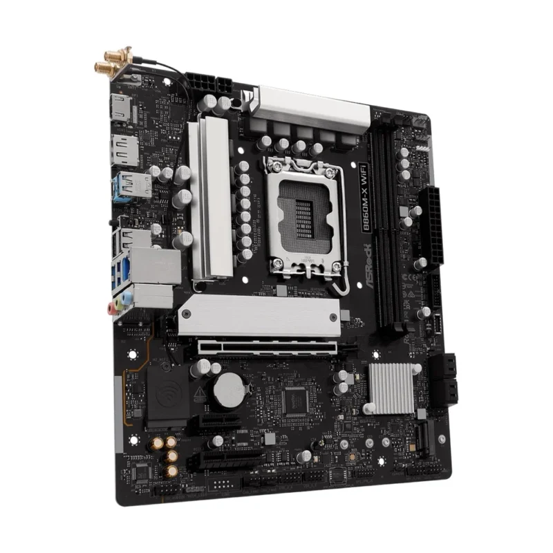 Angled view of the ASRock B860M-X WiFi Micro ATX motherboard, highlighting its PCIe 5.0 M.2 slot and heatsinks.