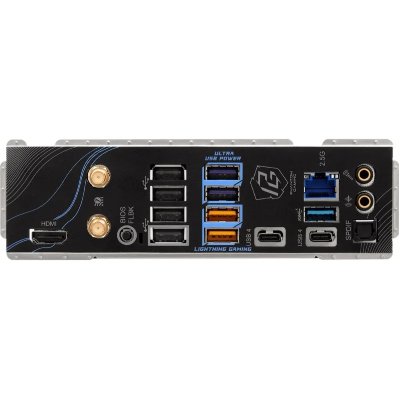 A clear shot of the flexible integrated I/O shield on the ASRock X870 Riptide WiFi, featuring dual USB4 ports and Wi-Fi 7.