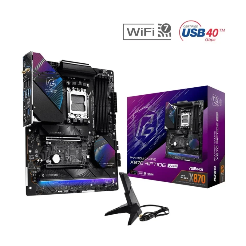 asrock-x870-riptide-wifi-with-box The ASRock X870 Riptide WiFi motherboard displayed next to its Phantom Gaming retail box.