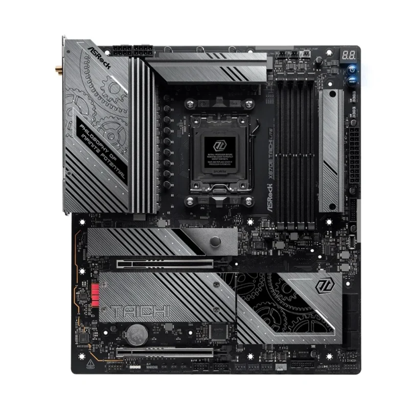Full layout view of the ASRock X870E Taichi Lite EATX board, showing all expansion slots and heatsink placements.